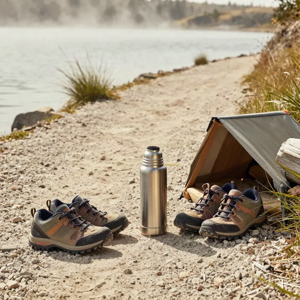 Lakeside trail nook with child-sized shoes, thermos, gravel loop, and misty water