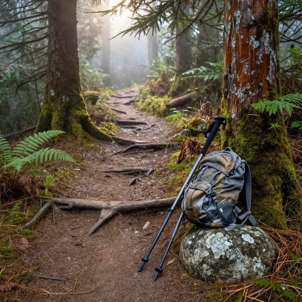 Misty cedar trail with trekking poles and a daypack beside a mossy bend at sunrise.