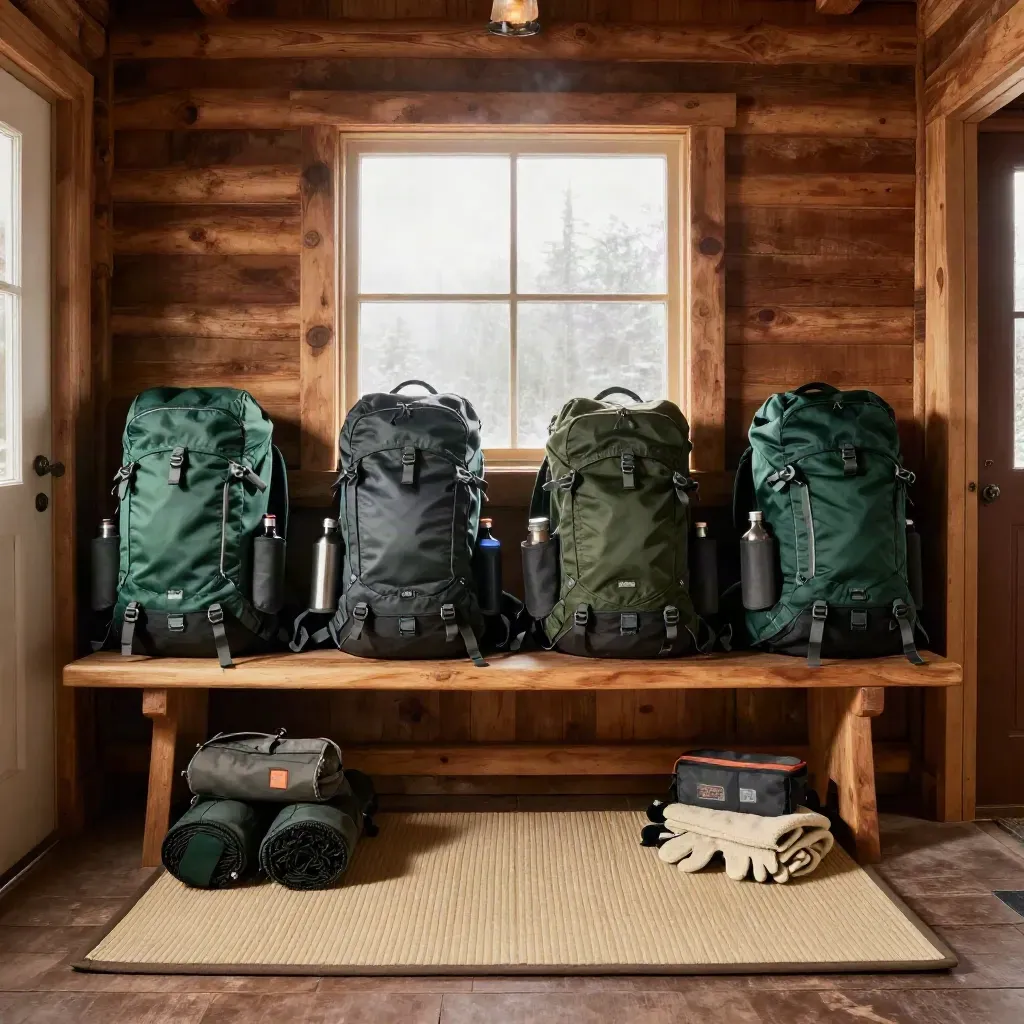 Four trail packs, bottles, and gear staged by a rustic window before departure.