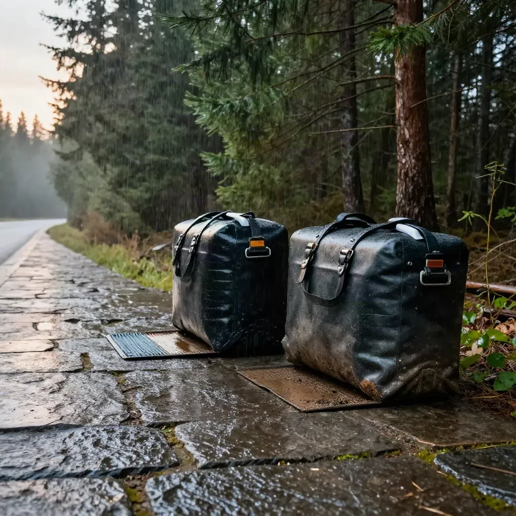 Wet forest pullout with gear totes, rain mist, and drying stone after a storm
