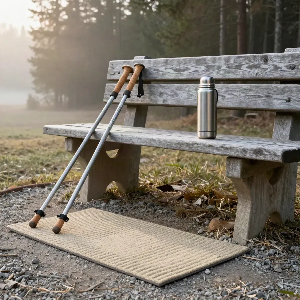 Trailhead bench with trekking poles, thermos, and boot mat in cool dawn light.
