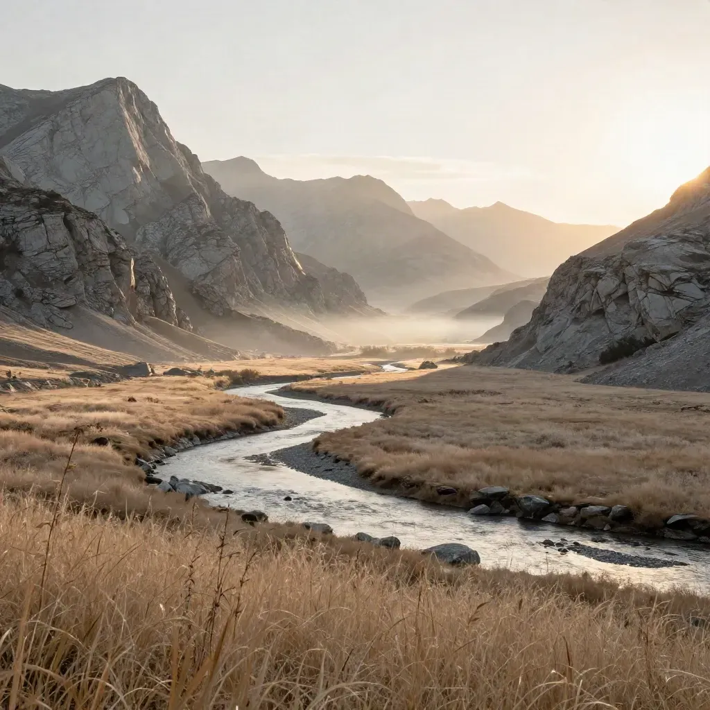 Sunrise Bow Valley with braided river, pale meadow, and limestone peaks in golden haze